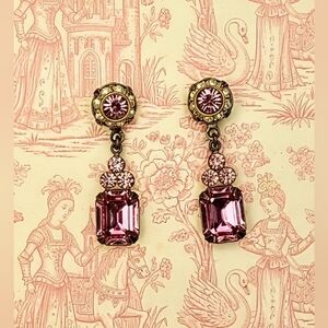 Pink Flower & Octagon Swarovski Crystal Dainty Feminine Earrings In Brass